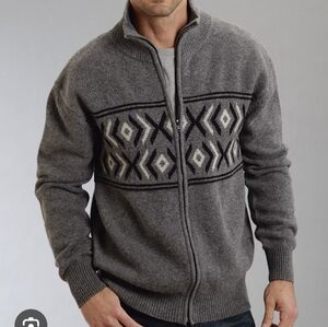 Stetson Grey Patterned Wool Zip Mock Neck Cardigan Sweater Mens Large